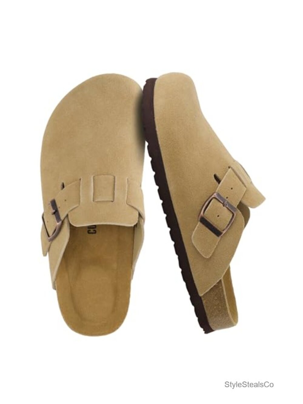 Genuine Suede Slip On Mule Clogs, Adjustable Buckle, Cushioned Cork Footbed